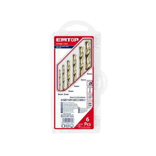 Jeu de forets hélicoïdaux 6PCS HSS EMTOP ETDBB11065, forets en acier rapide pour perçage précis dans métal, bois et plastique, disponible sur Fastore Madagascar