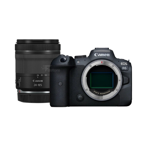Canon EOS R6 avec objectif RF 24-105mm, appareil photo hybride plein format performant pour photo et vidéo professionnelles.
