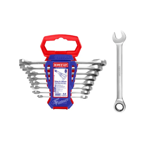 Set de 8 clés mixtes EMTOP ECSS10801 de 6 à 19 mm, avec tête ouverte et à fourche pour des serrages polyvalents et fiables.