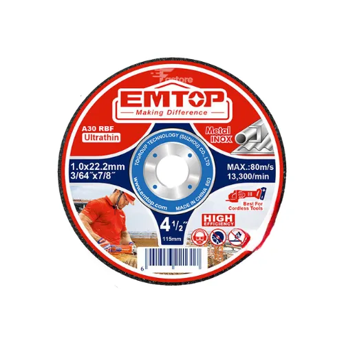 Disque métal abrasif EMTOP 115mm, pour un meulage précis des métaux.