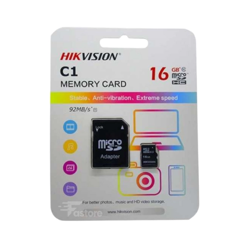 Carte mémoire Hikvision Micro-SD 16GB – Stockage compact et fiable pour smartphones, caméras et autres appareils, en vente sur Fastore Madagascar.