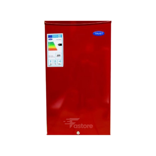 Réfrigérateur TRUST 1 porte 90L rouge avec lumière, modèle compact, parfait pour les petits espaces, disponible sur Fastore Madagascar.