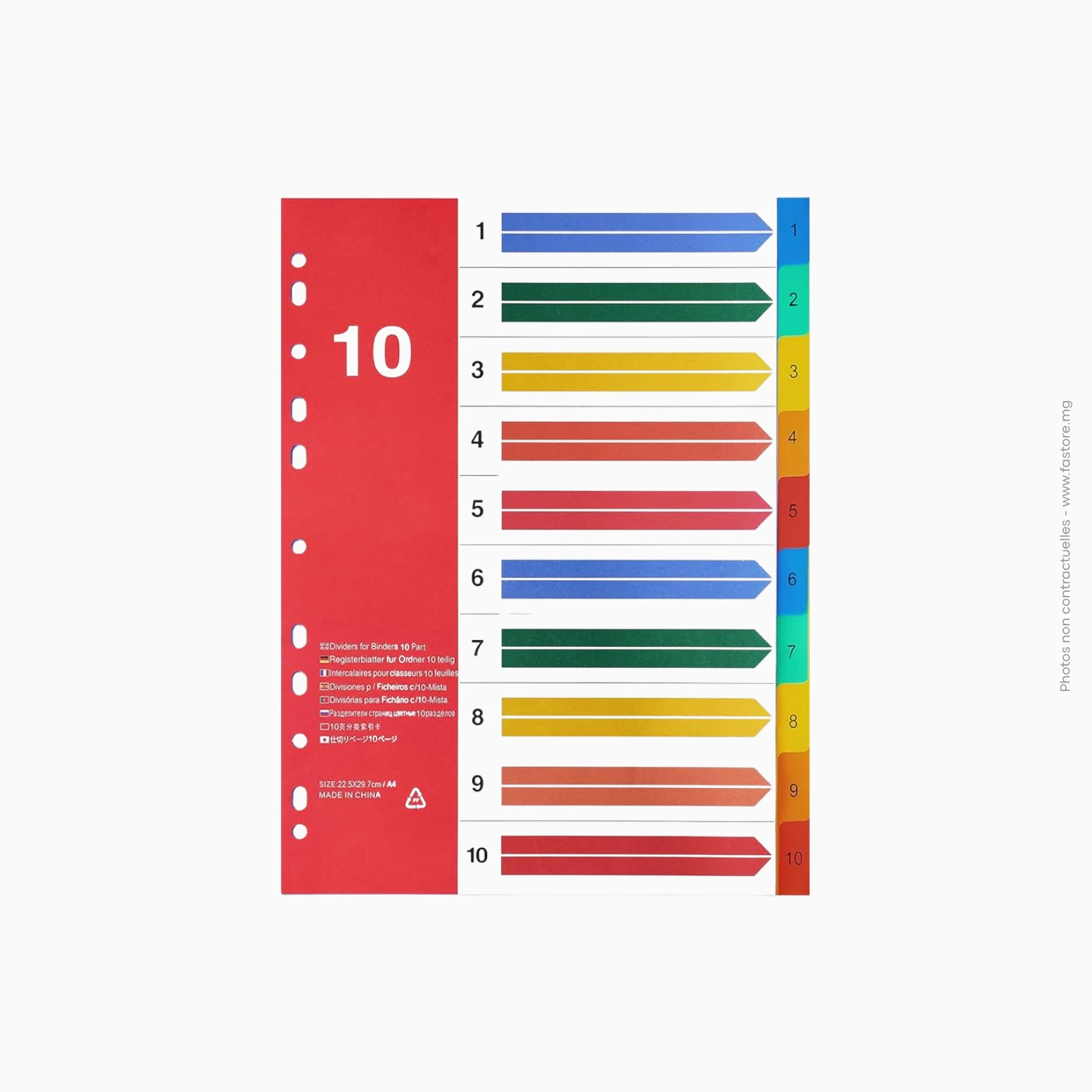 Diviseur intercalaire indexé A4 de 1 à 10 différentes couleurs KB-10589 Jeu d'intercalaires indexés A4 multicolores (1 à 10) | Ref KB-10589 – Image 1