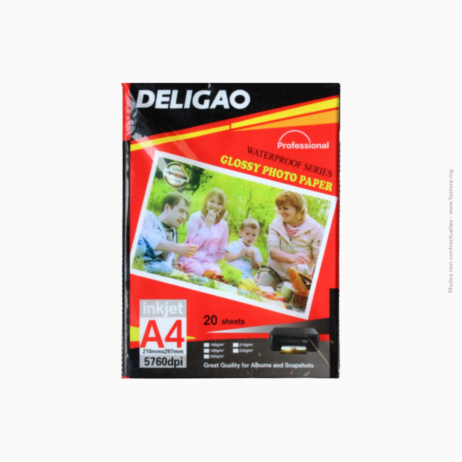Papier Photo A4 (210x297), 20Pcs waterproof 5760dpi Deligao, Ref A-225 Paquet de 20 feuilles papier photo A4 deligao waterproof | Ref A-225 – Image 1