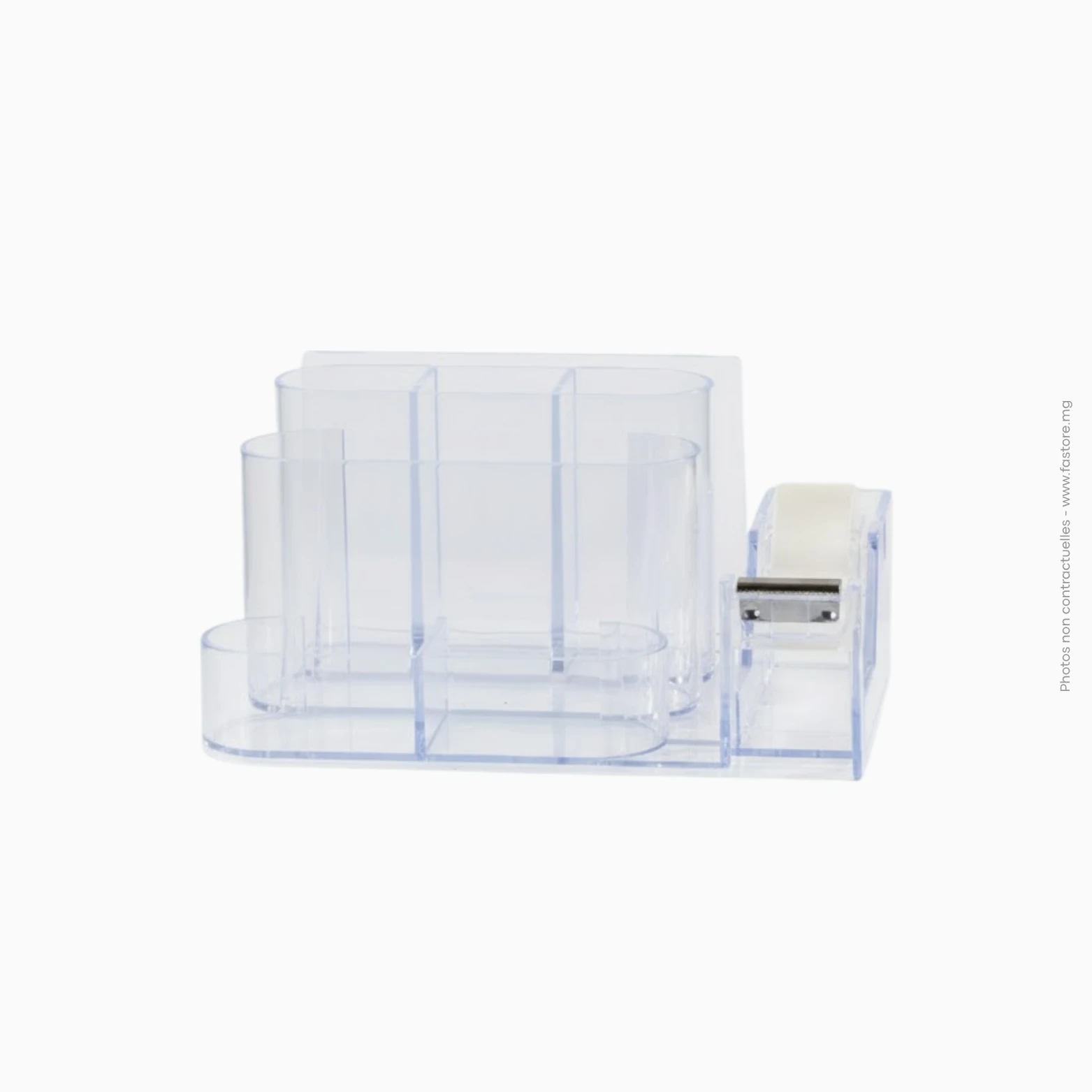 Rangement à multiple compartiments + Dévidoir, en plastique (transparent), Ref A-299, FQ680 Organisateur de bureau multi-compartiments avec dévidoir | Réf A-299 / FQ680 – Image 1