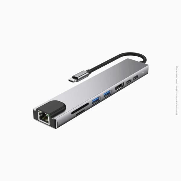Hub Type-C 8-en-1 avec HDMI et RJ45 | Générique